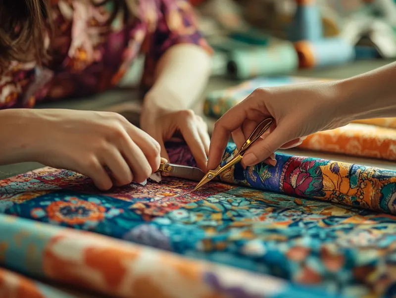 Atelier initiation couture — mains apprenant à couper du tissu wax, Dame en Soi Paris 19e