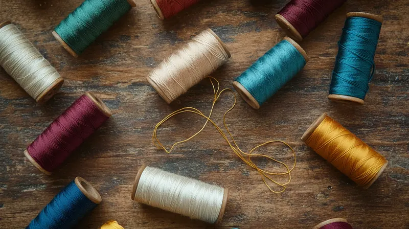 Bobines de fils artisanaux colorés — teal, or, bordeaux, crème sur bois ancien, fournitures couture Dame en Soi