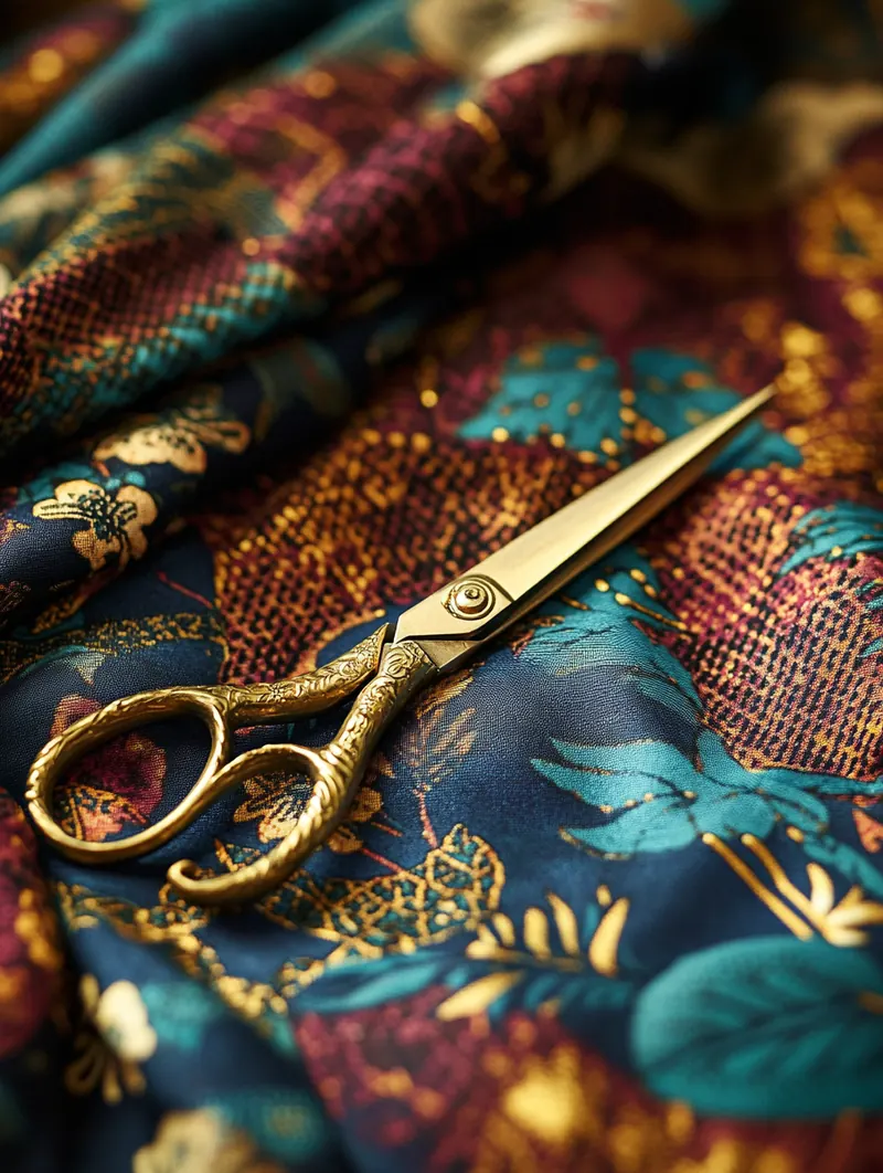 Ciseaux dorés sur tissu wax — service de retouches Dame en Soi Paris 19e
