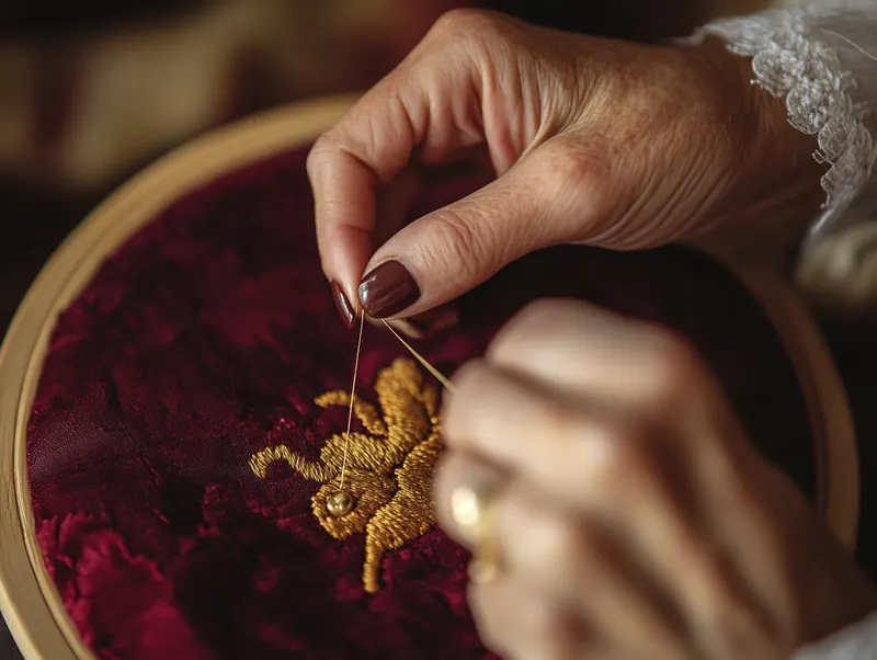 Création avancée — mains brodant un motif doré sur velours, atelier Dame en Soi